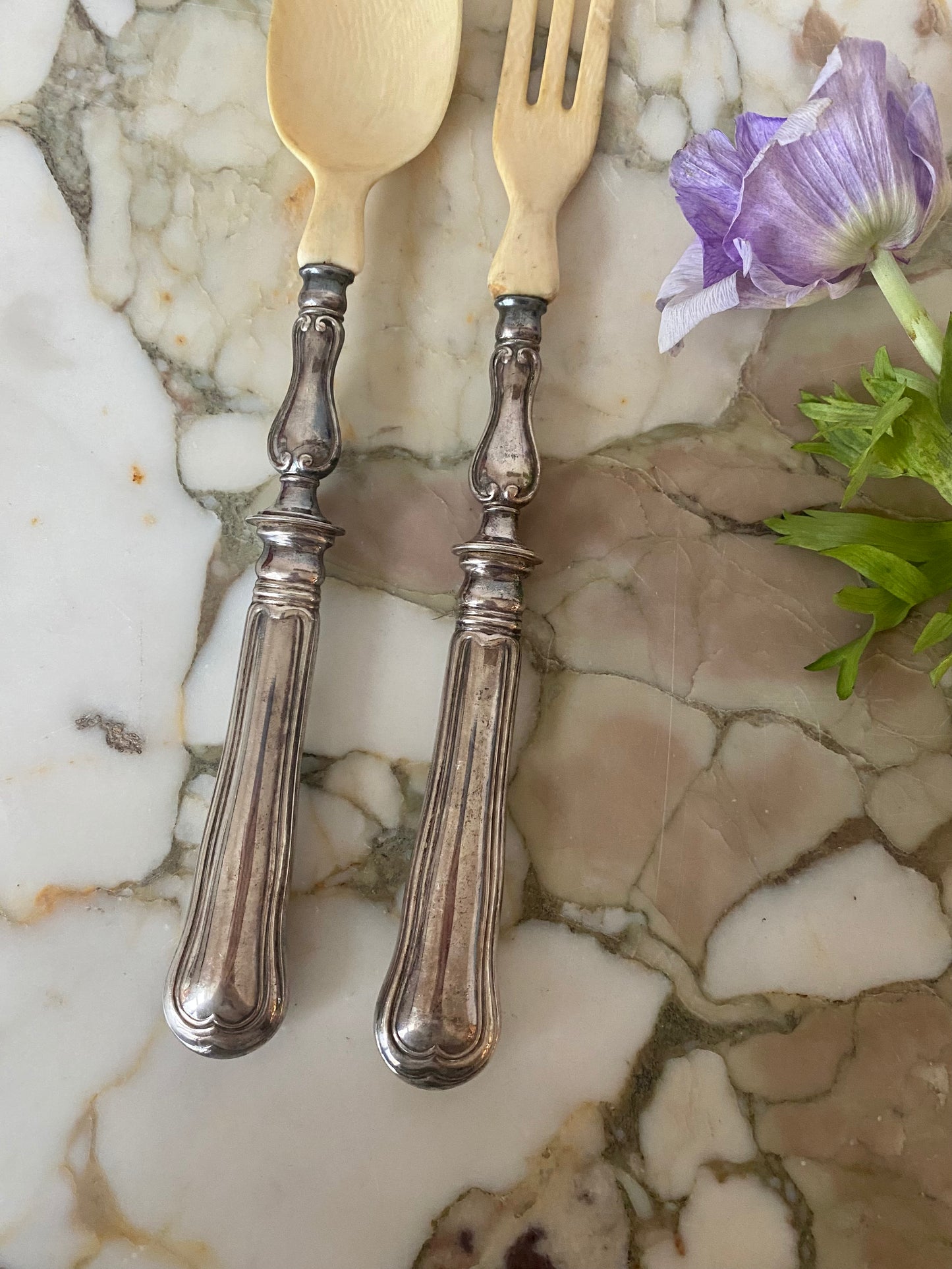 couverts à salade en corne et argent fourré