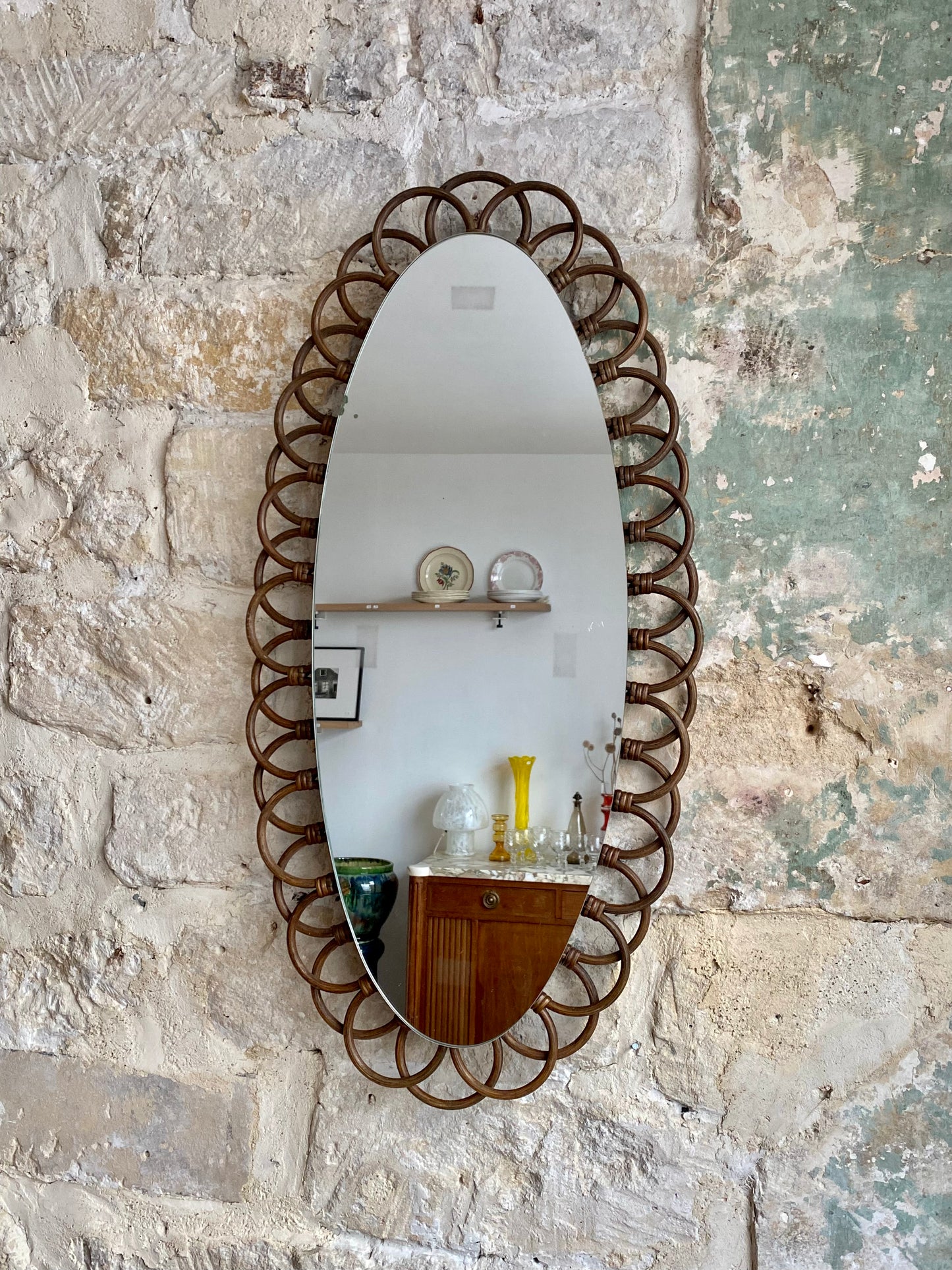 miroir ovale en rotin