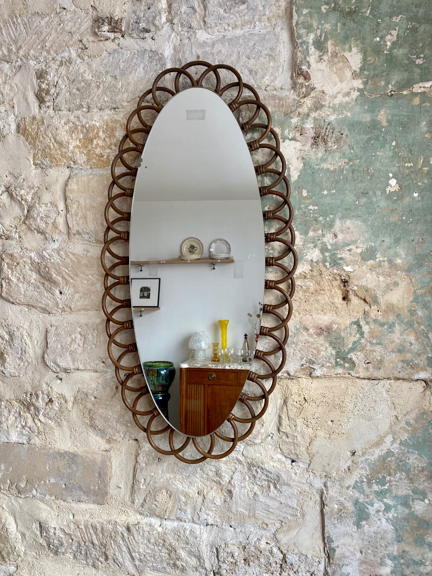 miroir ovale en rotin