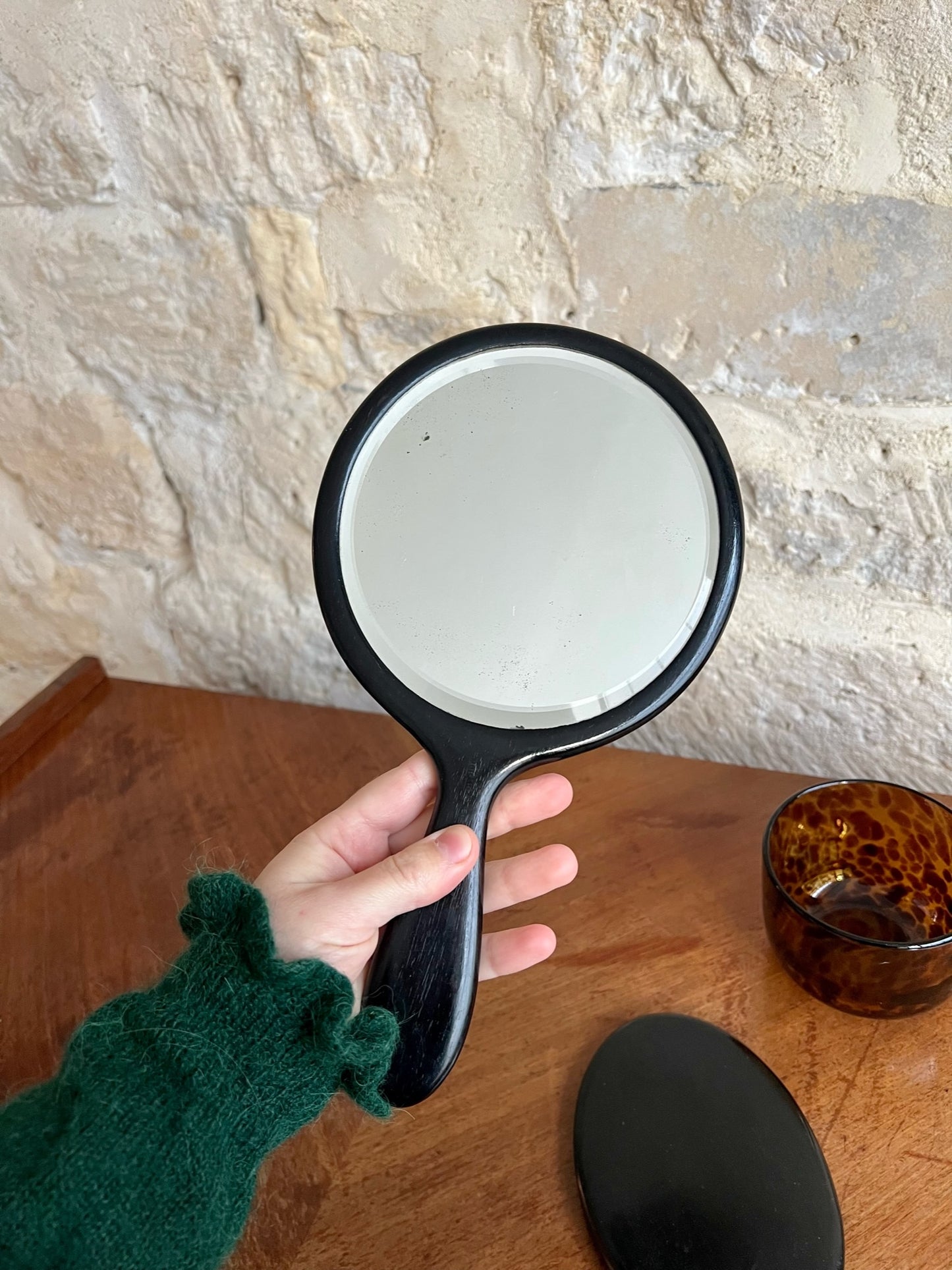 miroir à main en ébène, rond