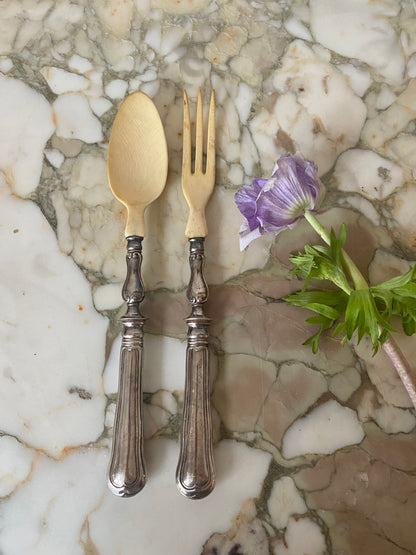 couverts à salade en corne et argent fourré